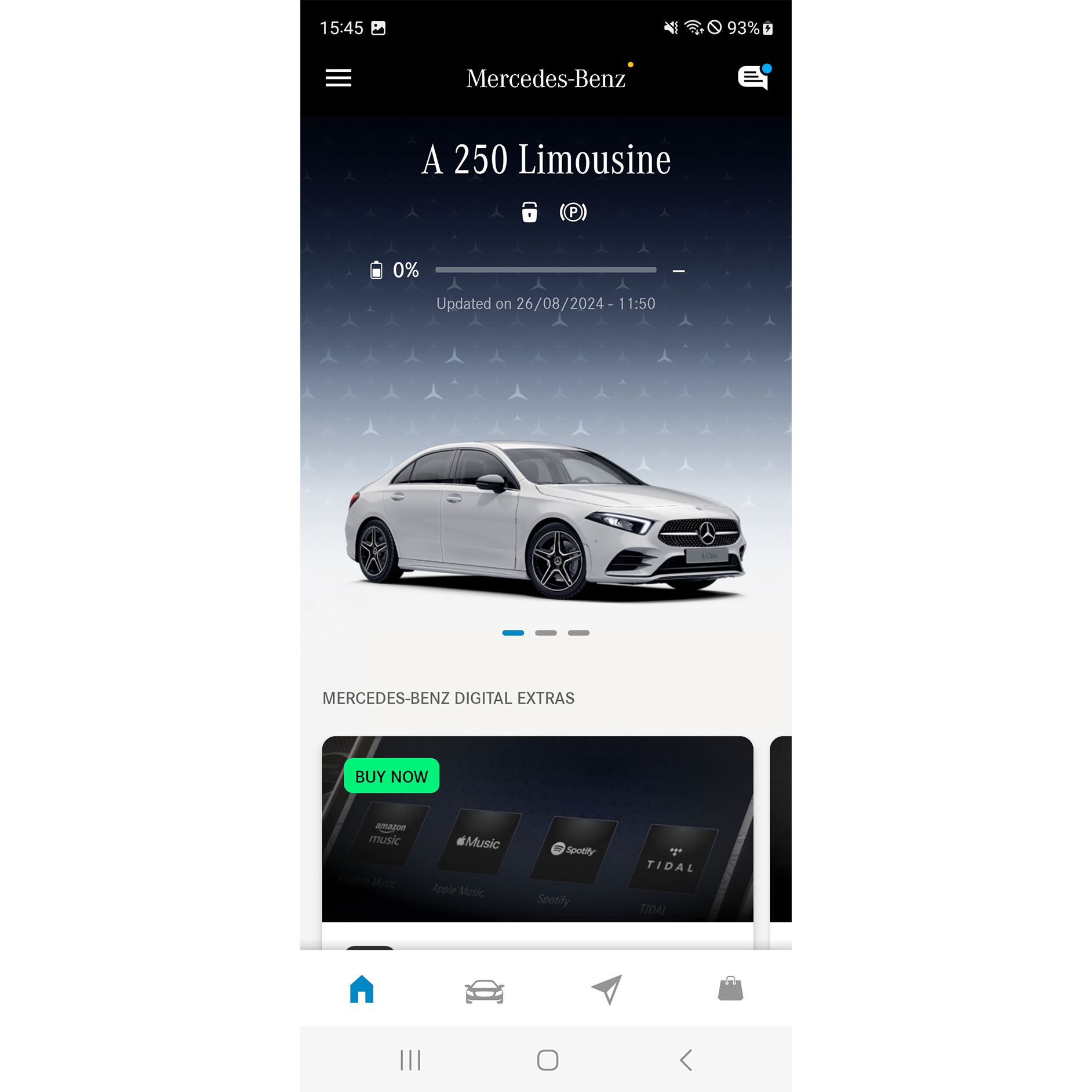 Mercedes-Benz App | 앱 | 메르세데스-벤츠 스마트폰의 Mercedes-Benz App 메뉴에 내비게이션, 원격 서비스 및 GUARD 360˚ 디지털 서비스의 사용 가능한 기능이 표시됩니다.