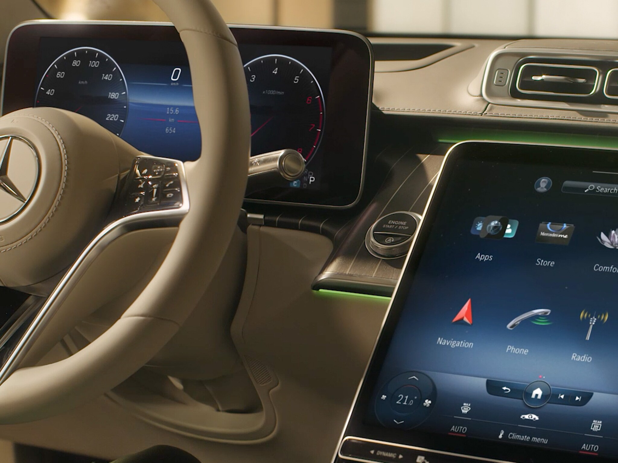 The digital cockpit of the Mercedes-Benz S-Class Saloon.